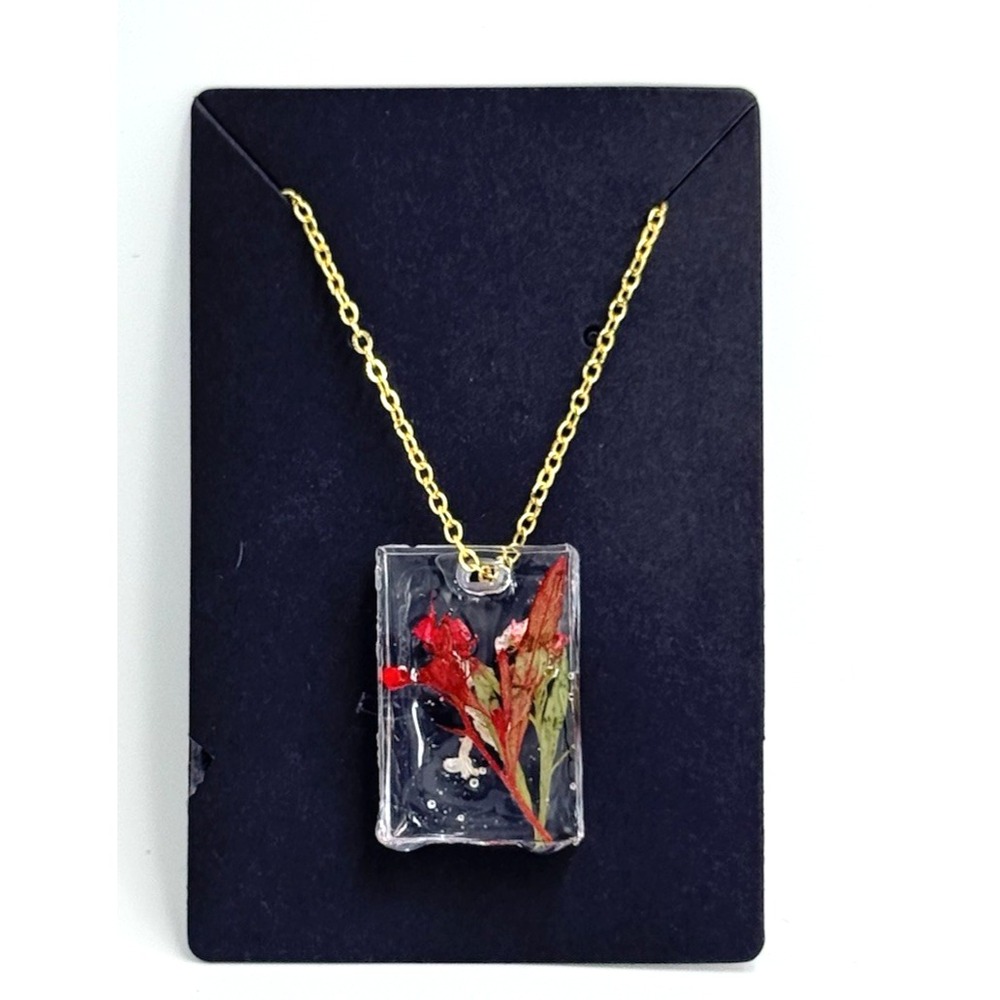Resin Rectangle Handmade Necklace Pendant Made with Real Flowers Hypoallergenic